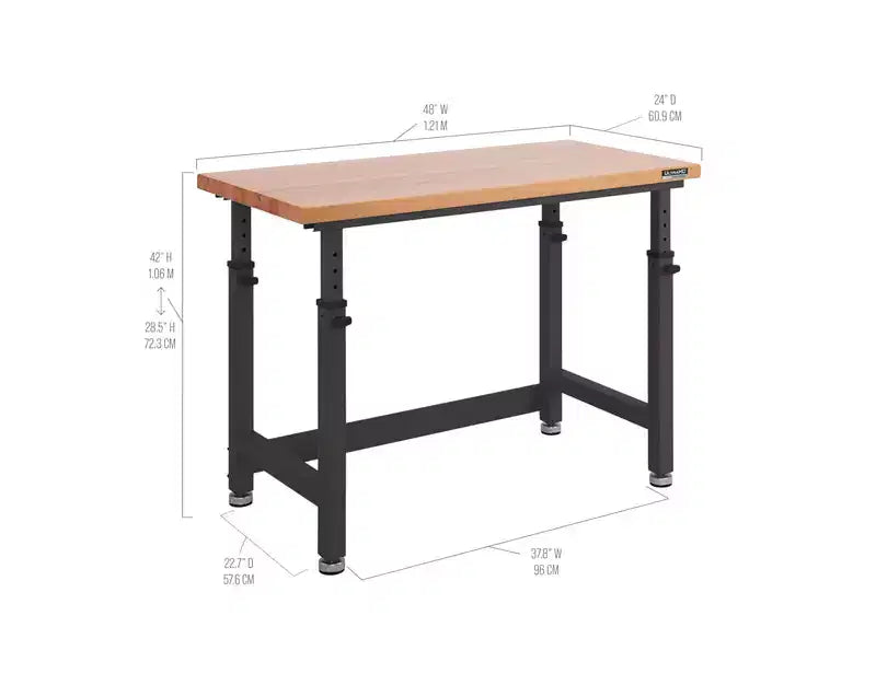 Heavy Duty Workbench Table with Wood Top, Adjustable Height 28-42", 48"W x 24"D