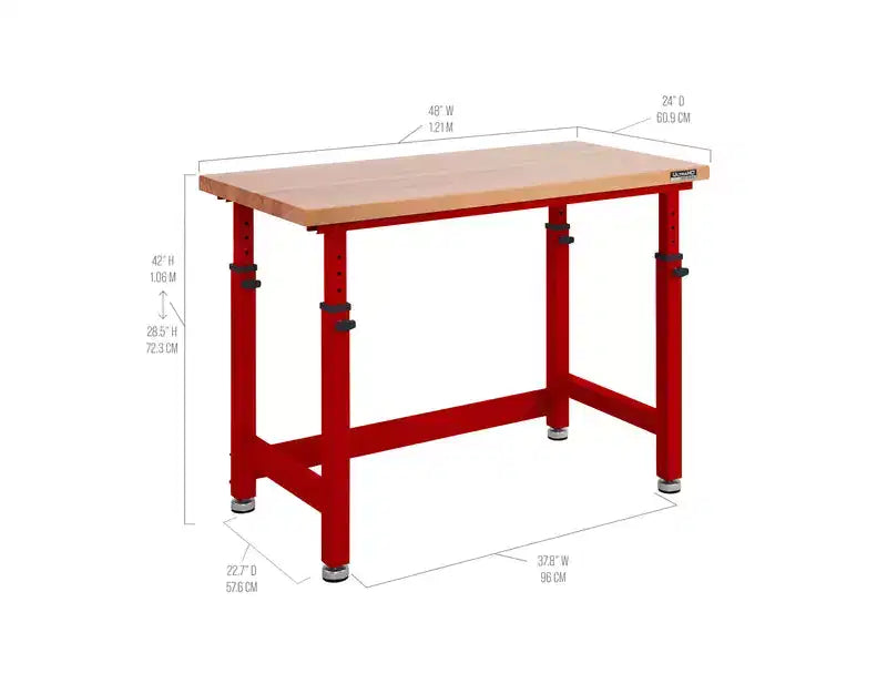 Heavy Duty Workbench Table with Wood Top, Adjustable Height 28-42", 48"W x 24"D