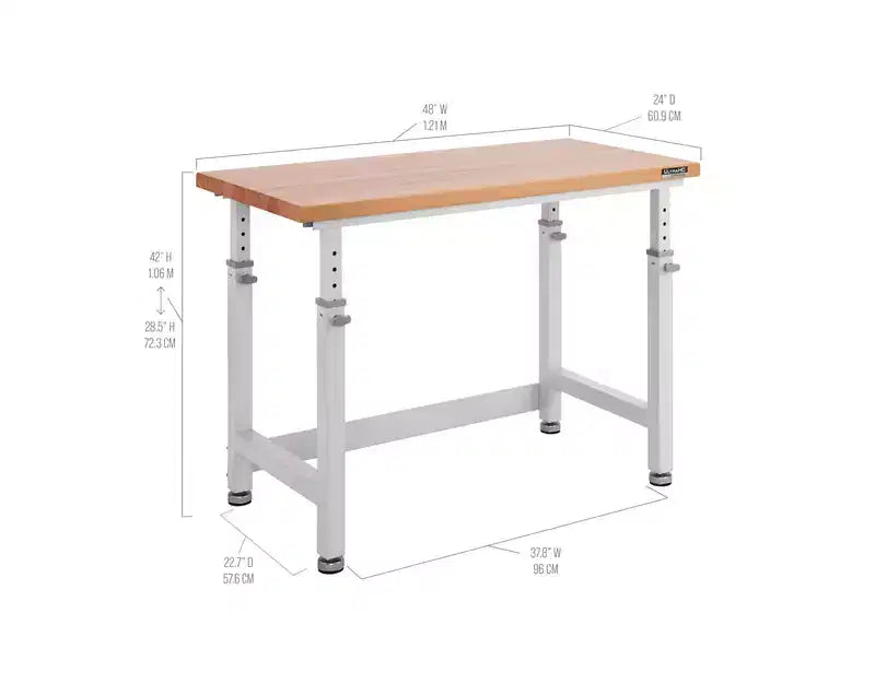 Heavy Duty Workbench Table with Wood Top, Adjustable Height 28-42", 48"W x 24"D