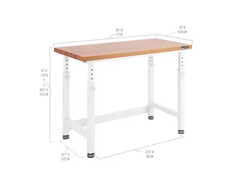 Heavy Duty Workbench Table with Wood Top, Adjustable Height 28-42", 48"W x 24"D