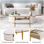 Modern Luxury Fluted Coffee Table, 48 Coffee Table with Storage Drawer, Oval Coffee Table with Golden Legs, Faux Marble Top