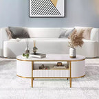 Modern Luxury Fluted Coffee Table, 48 Coffee Table with Storage Drawer, Oval Coffee Table with Golden Legs, Faux Marble Top