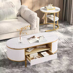 Modern Luxury Fluted Coffee Table, 48 Coffee Table with Storage Drawer, Oval Coffee Table with Golden Legs, Faux Marble Top