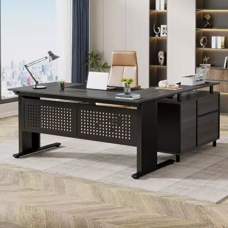 63" L-Shaped Executive Desk with File Cabinet & Storage Shelves for Home Office