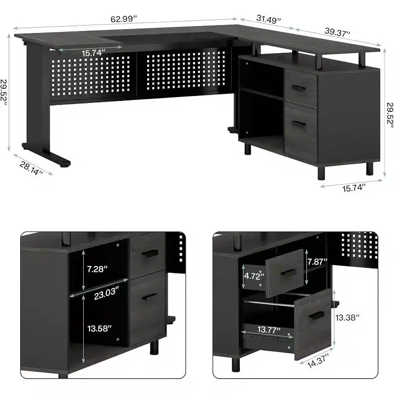 63" L-Shaped Executive Desk with File Cabinet & Storage Shelves for Home Office