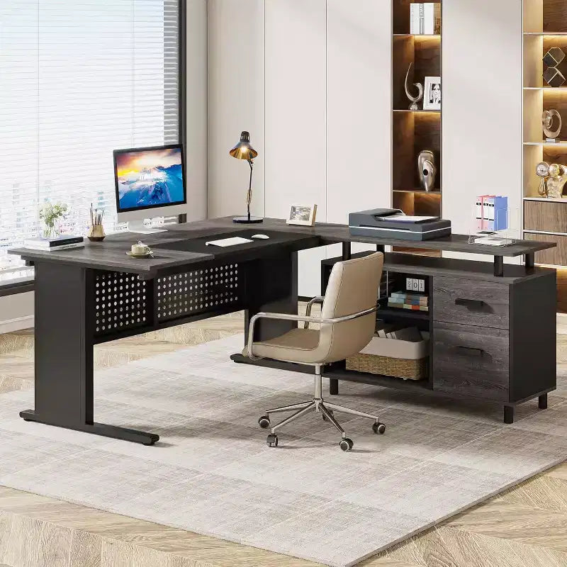 63" L-Shaped Executive Desk with File Cabinet & Storage Shelves for Home Office