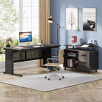 63" L-Shaped Executive Desk with File Cabinet & Storage Shelves for Home Office