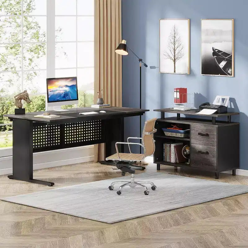 63" L-Shaped Executive Desk with File Cabinet & Storage Shelves for Home Office