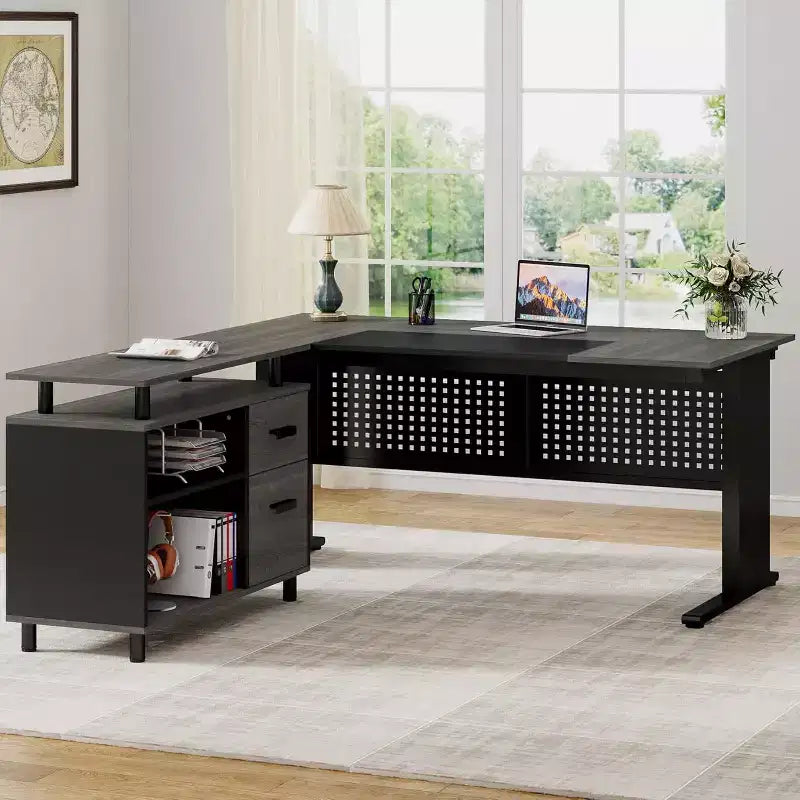 63" L-Shaped Executive Desk with File Cabinet & Storage Shelves for Home Office