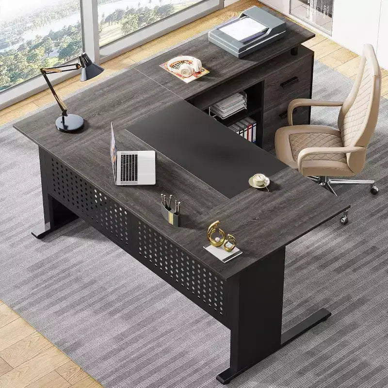 63" L-Shaped Executive Desk with File Cabinet & Storage Shelves for Home Office