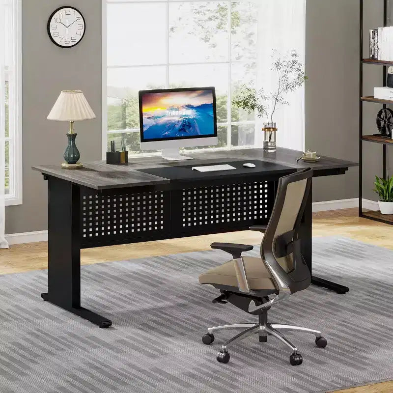 63" L-Shaped Executive Desk with File Cabinet & Storage Shelves for Home Office