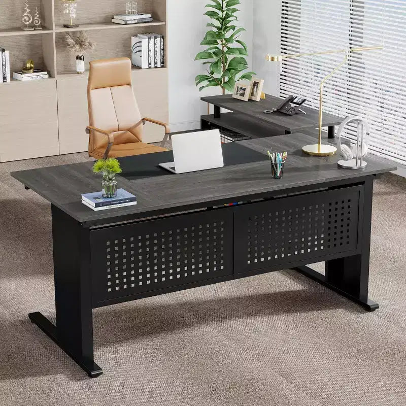 63" L-Shaped Executive Desk with File Cabinet & Storage Shelves for Home Office