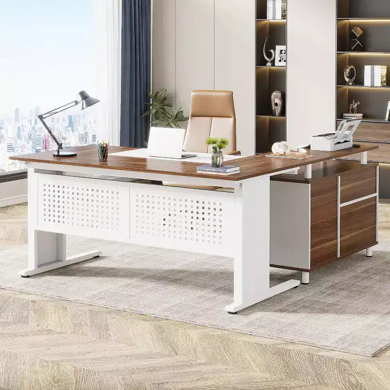 63" L-Shaped Executive Desk with File Cabinet & Storage Shelves for Home Office