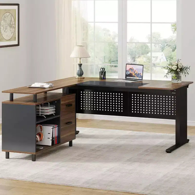 63" L-Shaped Executive Desk with File Cabinet & Storage Shelves for Home Office