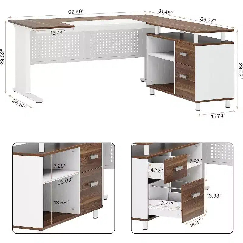 63" L-Shaped Executive Desk with File Cabinet & Storage Shelves for Home Office