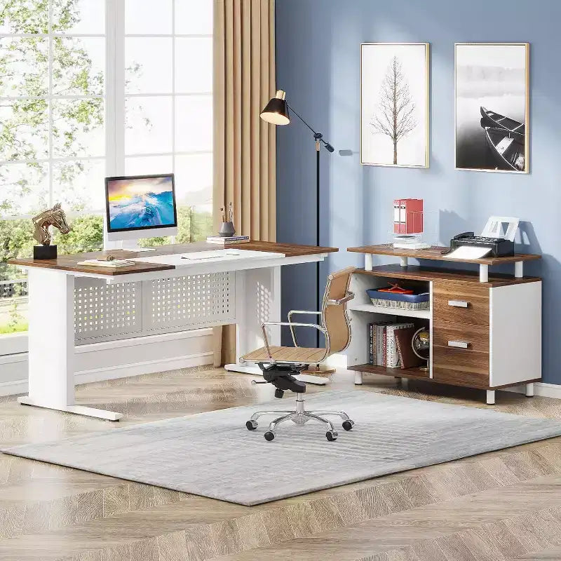 63" L-Shaped Executive Desk with File Cabinet & Storage Shelves for Home Office