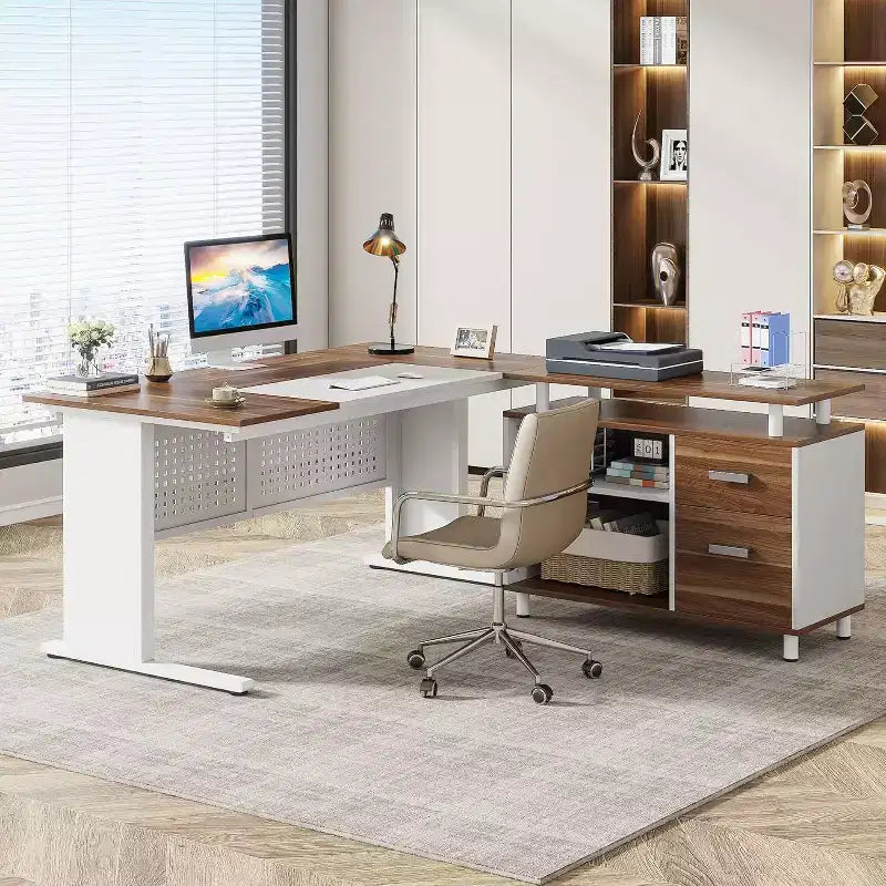 63" L-Shaped Executive Desk with File Cabinet & Storage Shelves for Home Office