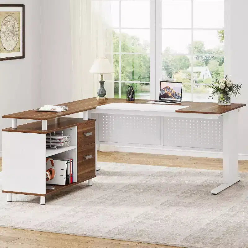 63" L-Shaped Executive Desk with File Cabinet & Storage Shelves for Home Office