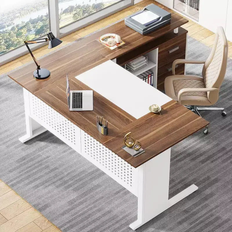 63" L-Shaped Executive Desk with File Cabinet & Storage Shelves for Home Office