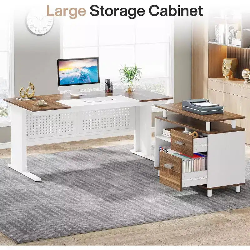 63" L-Shaped Executive Desk with File Cabinet & Storage Shelves for Home Office