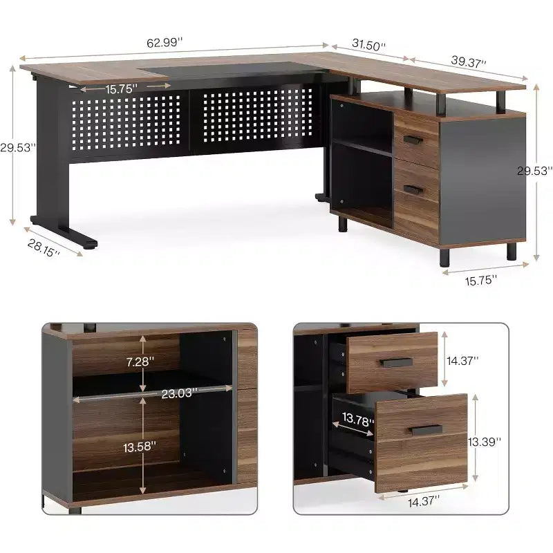 63" L-Shaped Executive Desk with File Cabinet & Storage Shelves for Home Office