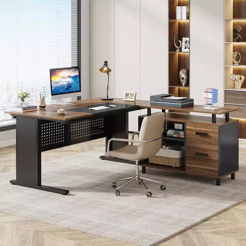 63" L-Shaped Executive Desk with File Cabinet & Storage Shelves for Home Office