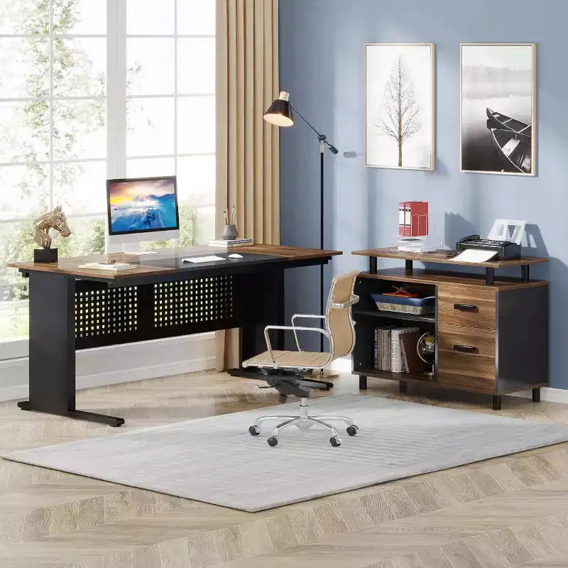 63" L-Shaped Executive Desk with File Cabinet & Storage Shelves for Home Office
