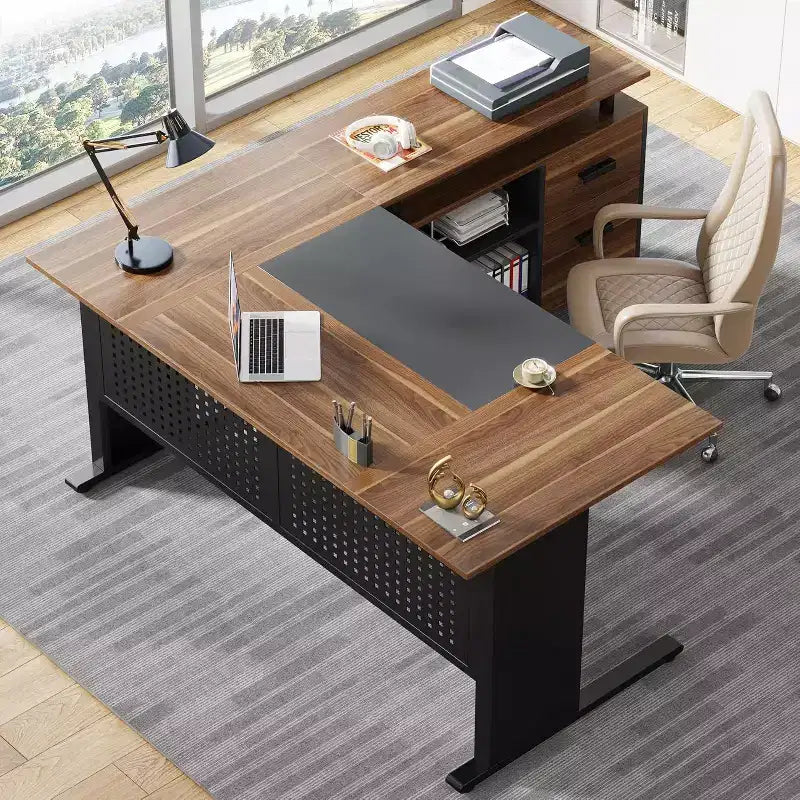 63" L-Shaped Executive Desk with File Cabinet & Storage Shelves for Home Office