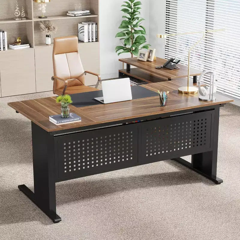 63" L-Shaped Executive Desk with File Cabinet & Storage Shelves for Home Office