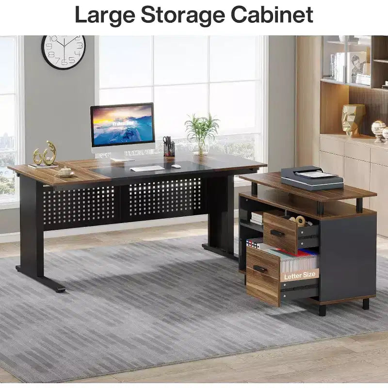 63" L-Shaped Executive Desk with File Cabinet & Storage Shelves for Home Office