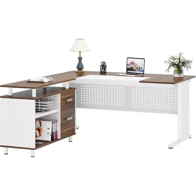 63" L-Shaped Executive Desk with File Cabinet & Storage Shelves for Home Office
