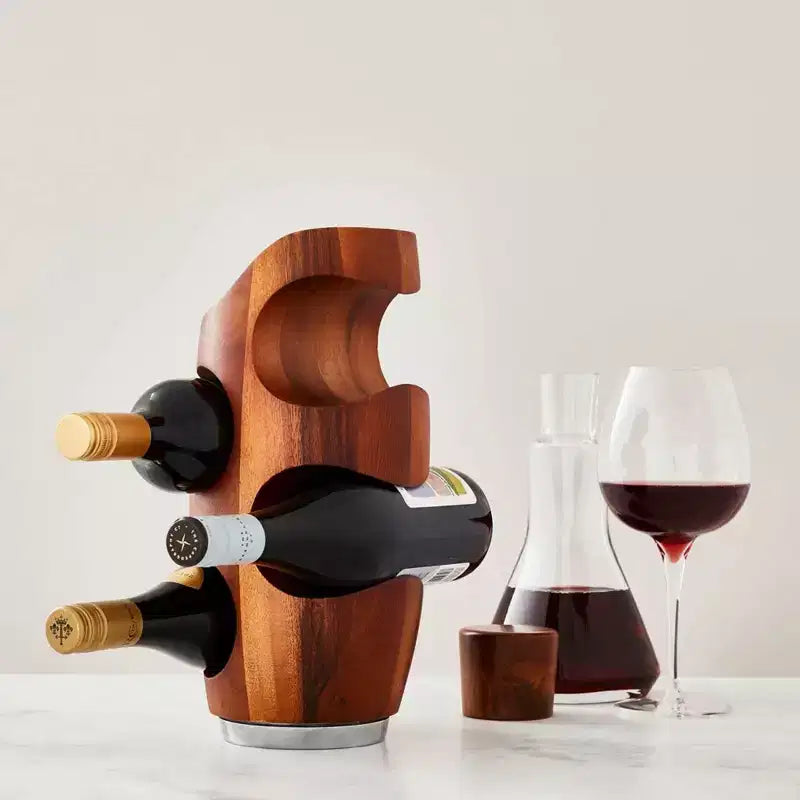 Acacia Wood & Alloy 4-Bottle Display Rack, 6x13" Tabletop Wine Holder