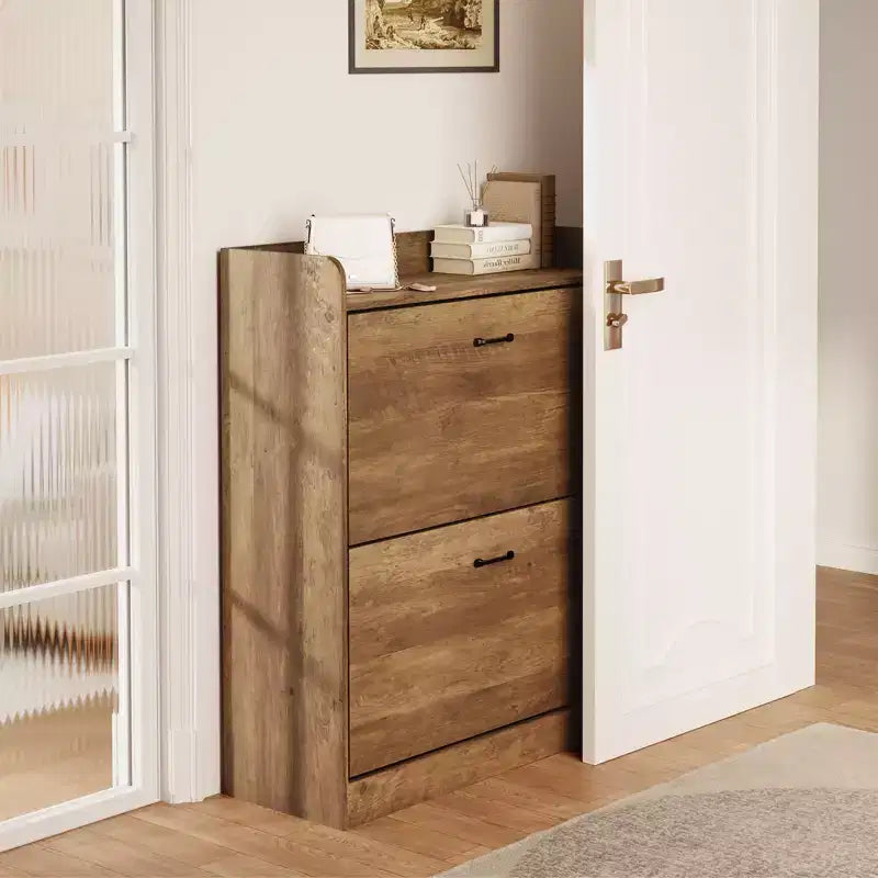 Farmhouse Wood Shoe Cabinet with 2 Flip Doors & Removable Shelves for Entryway