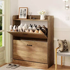 Farmhouse Wood Shoe Cabinet with 2 Flip Doors & Removable Shelves for Entryway