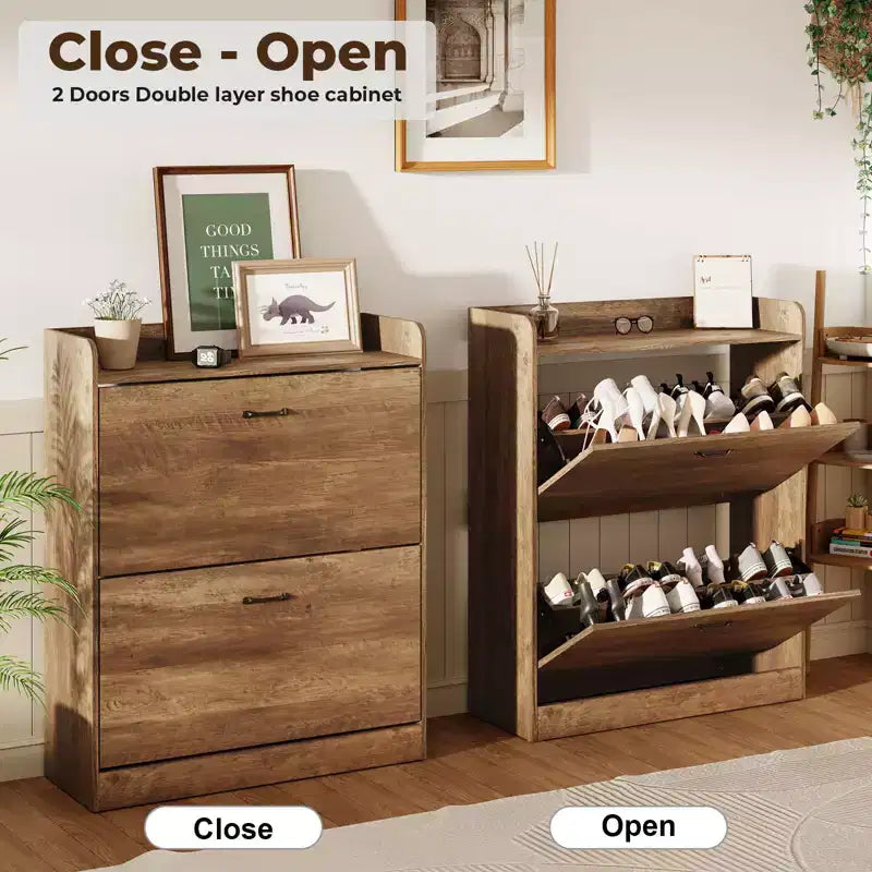 Farmhouse Wood Shoe Cabinet with 2 Flip Doors & Removable Shelves for Entryway