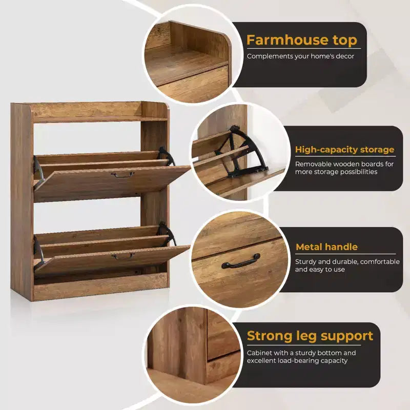 Farmhouse Wood Shoe Cabinet with 2 Flip Doors & Removable Shelves for Entryway