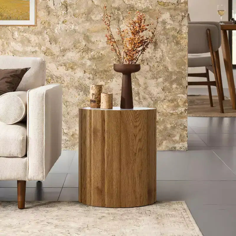 18.9" Round Accent Side Table with Faux Marble Top, Brown, for Living Room or Bedroom