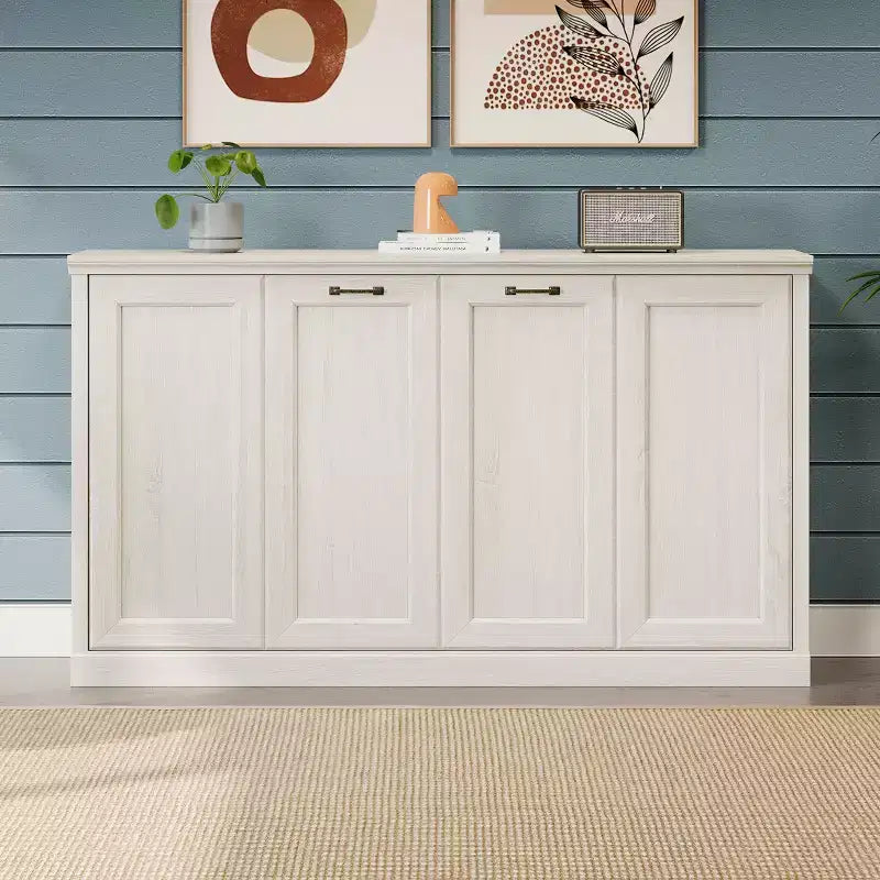 Twin Size Murphy Wall Bed with Side Cabinet & Bookshelf, Folds into Cabinet, Rustic White