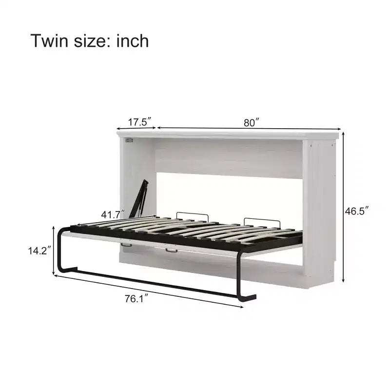 Twin Size Murphy Wall Bed with Side Cabinet & Bookshelf, Folds into Cabinet, Rustic White