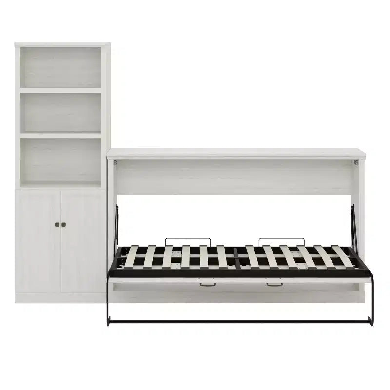 Twin Size Murphy Wall Bed with Side Cabinet & Bookshelf, Folds into Cabinet, Rustic White