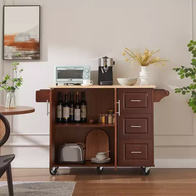 54" Drop Leaf Kitchen Island Cart with 3 Drawers, Locking Casters & Storage Shelves, Brown