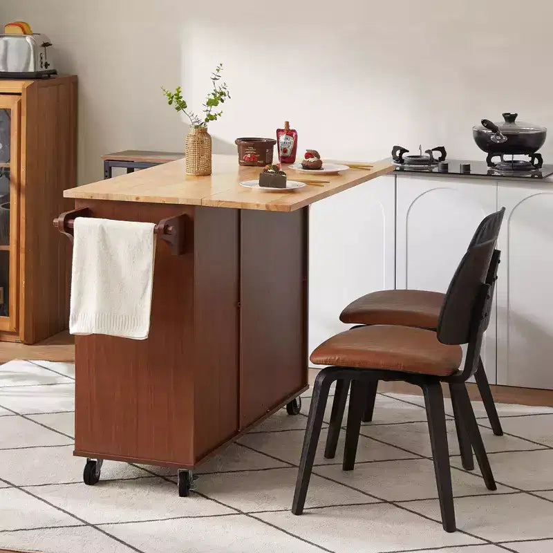 54" Drop Leaf Kitchen Island Cart with 3 Drawers, Locking Casters & Storage Shelves, Brown