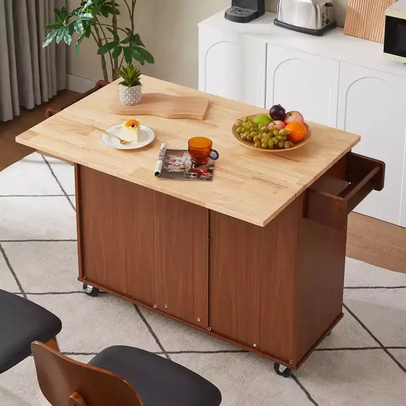 54" Drop Leaf Kitchen Island Cart with 3 Drawers, Locking Casters & Storage Shelves, Brown