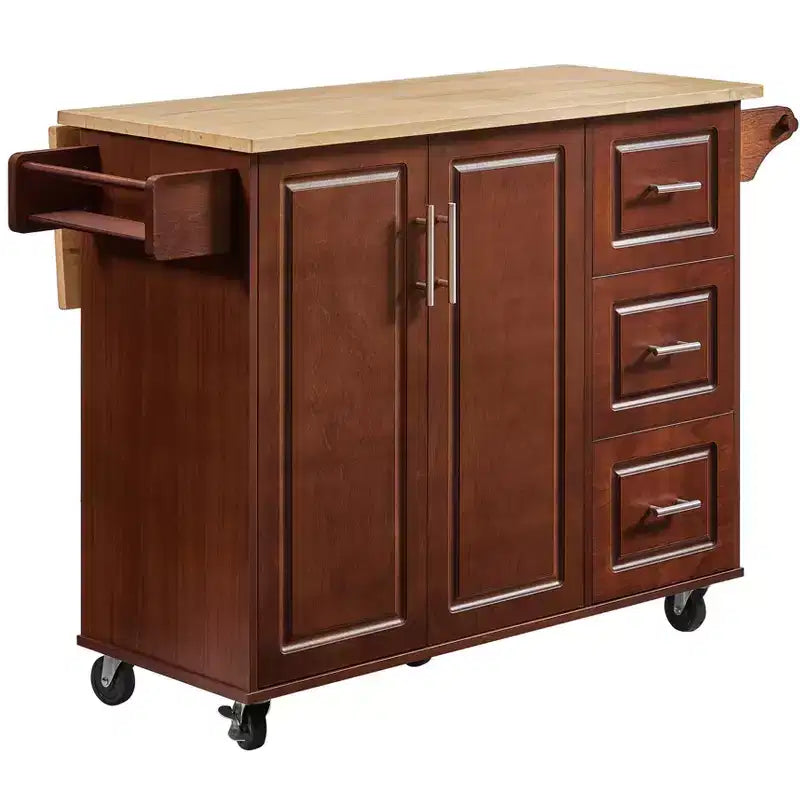 54" Drop Leaf Kitchen Island Cart with 3 Drawers, Locking Casters & Storage Shelves, Brown