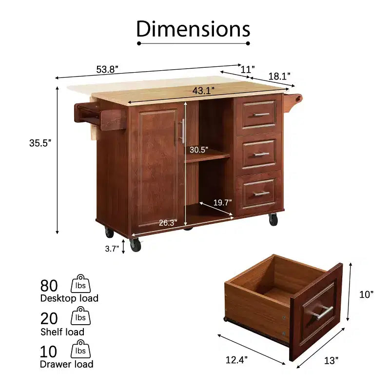 54" Drop Leaf Kitchen Island Cart with 3 Drawers, Locking Casters & Storage Shelves, Brown
