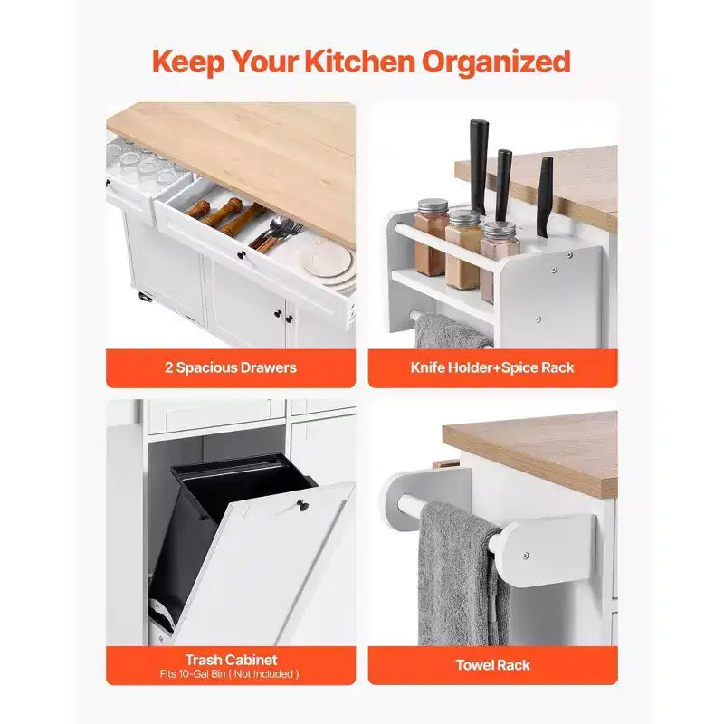 35.5" Rolling Kitchen Island Cart with Drawer, Drop Leaf & Storage Cabinet, White