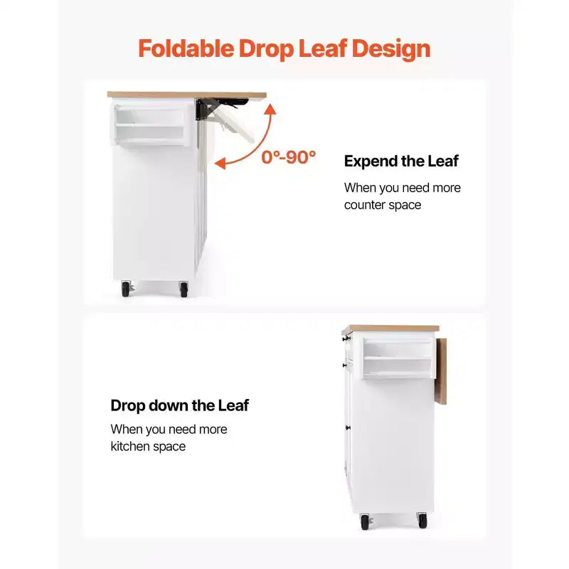 35.5" Rolling Kitchen Island Cart with Drawer, Drop Leaf & Storage Cabinet, White