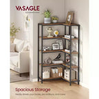 5-Tier Convertible Industrial Corner Bookshelf with Metal Frame, 9.4" x 40.2" x 55.9", Rustic Brown & Black