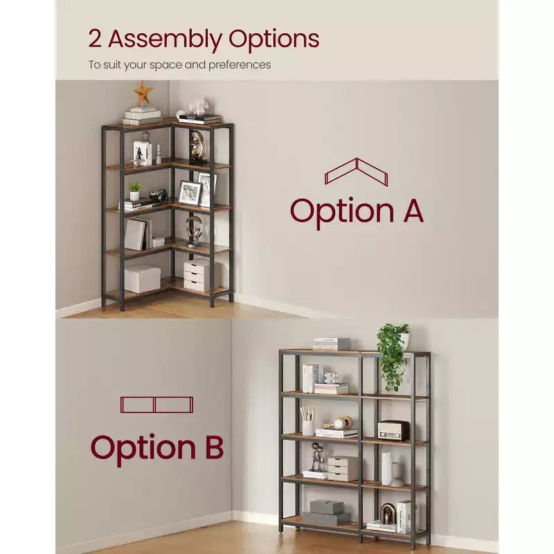 5-Tier Convertible Industrial Corner Bookshelf with Metal Frame, 9.4" x 40.2" x 55.9", Rustic Brown & Black