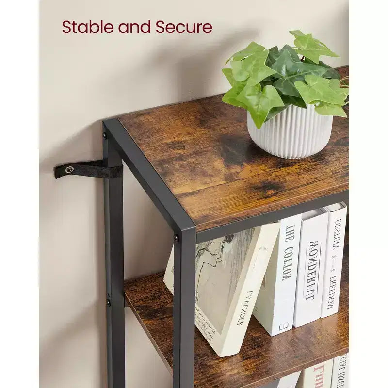 5-Tier Convertible Industrial Corner Bookshelf with Metal Frame, 9.4" x 40.2" x 55.9", Rustic Brown & Black
